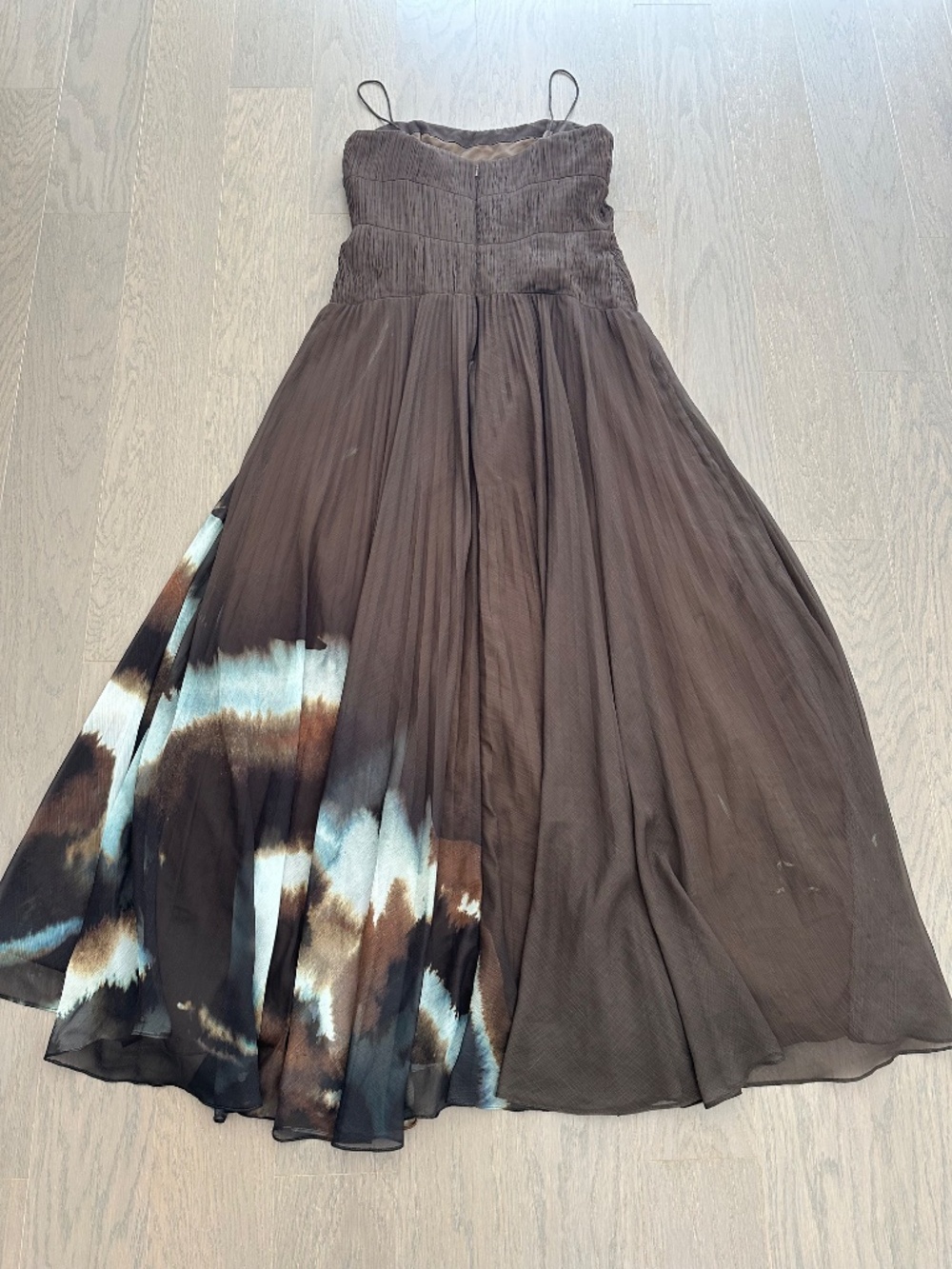 AMUR Sue Olive Green Pleated Maxi Chiffon Dress Tie Dye Gown - Size 6 - Picture 3 of 13